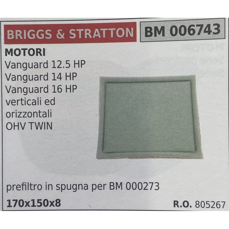 BRUMAR FILTRO BRIGGS & STRATTON  MOTORI Vanguard 125 HP Vanguard 14 HP Vanguard 16 HP verticali ed orizzontali OHV TWIN  prefil