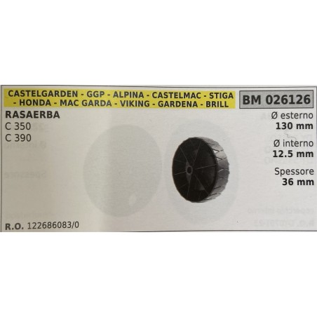 BRUMAR RUOTA RASAERBA CASTELGARDEN  GGP  ALPINA  CASTELMAC  STIGA  HONDA  MAC GARDA  VIKING  GARENA  BRILL  RASAERBA C 350 C 39