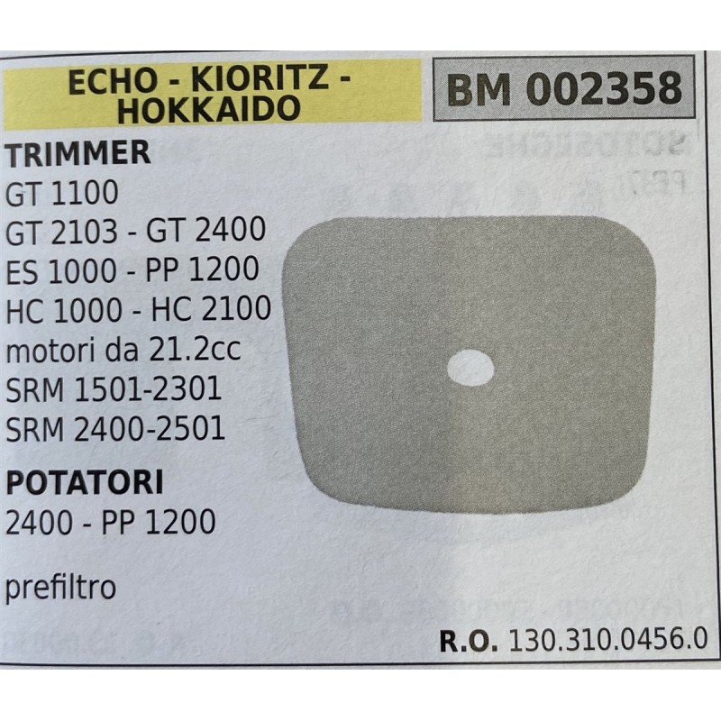 BRUMAR FILTRO ECHO  KIORITZ  HOKKAIDO  TRIMMER GT 110 GT 2103  GT 2400 ES 1000  PP 1200 HC 1000  HC 2100 motori da 212cc SRM 15