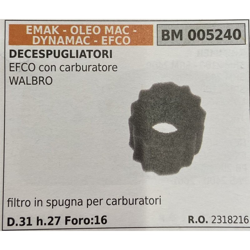 BRUMAR FILTRO EMAK  OLEO MAC  DYNAMAC  EFCO  DECESPUGLIATORI EFCO con carburatore WALBRO  filtro in spugna per carburatori D31