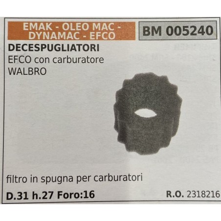 BRUMAR FILTRO EMAK  OLEO MAC  DYNAMAC  EFCO  DECESPUGLIATORI EFCO con carburatore WALBRO  filtro in spugna per carburatori D31
