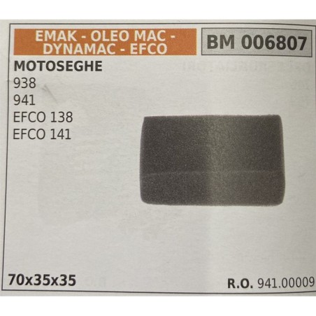 BRUMAR FILTRO EMAK  OLEO MAC  DYNAMAC  EFCO  MOTOSEGHE 938 941 EFCO 138 EFCO 141  70x35x35 RO 94100009