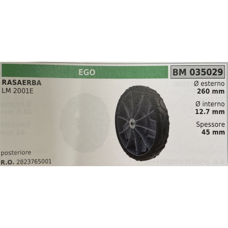 BRUMAR RUOTA RASAERBA EGO  RASAERBA LM 2001E  posteriore Ø esterno 260 mm Ø interno 127 mm spessore 45 mm  RO 2823765001