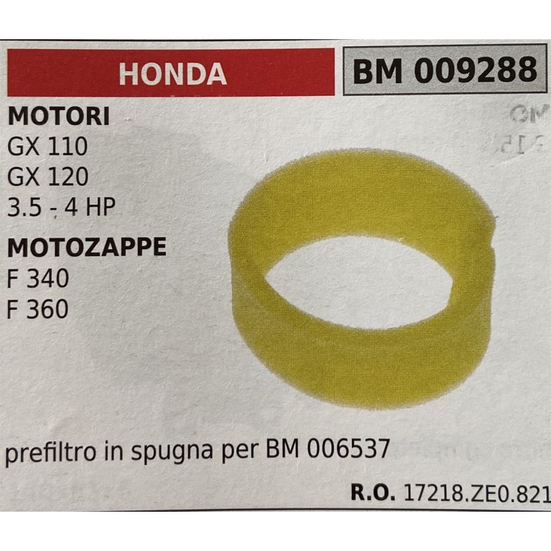 BRUMAR FILTRO HONDA  MOTORI GX 110 GX 120 35  4 HP MOTOZAPPE F 340 F 360  prefiltro in spugna per BM 006537 RO 17218ZE0821