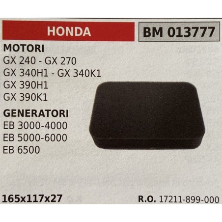 BRUMAR FILTRO HONDA  MOTORI GX 240  GX 270 GX 340H1  GX 340K1 GX 390H1 GX 390K1 GENERATORI EB 30004000 EB 50006000 EB 6500  165