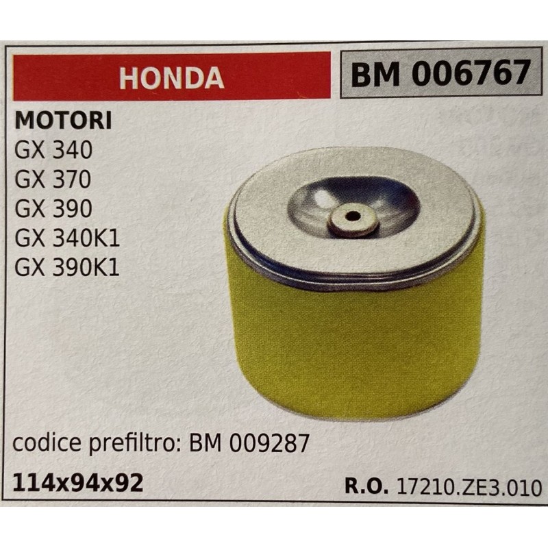 BRUMAR FILTRO HONDA  MOTORI GX 340 GX 370 GX 390 GX 340K1 GX 390K1  codice prefiltro BM 009287 114x94x92 RO 17210ZE3010