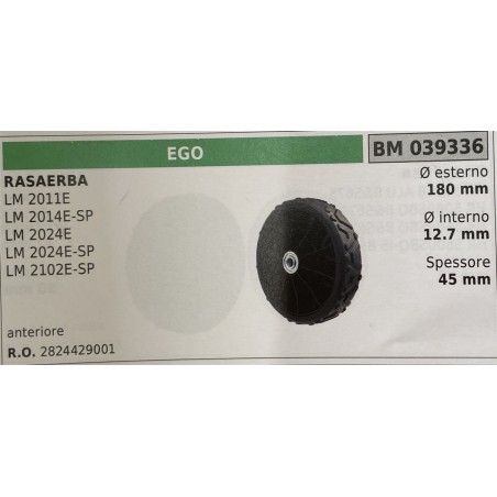 BRUMAR RUOTA RASAERBA EGO  RASAERBA LM 2011E LM 2014ESP LM 2024E LM 2024ESP LM 2102ESP  anteriore Ø esterno 180 mm Ø interno 12