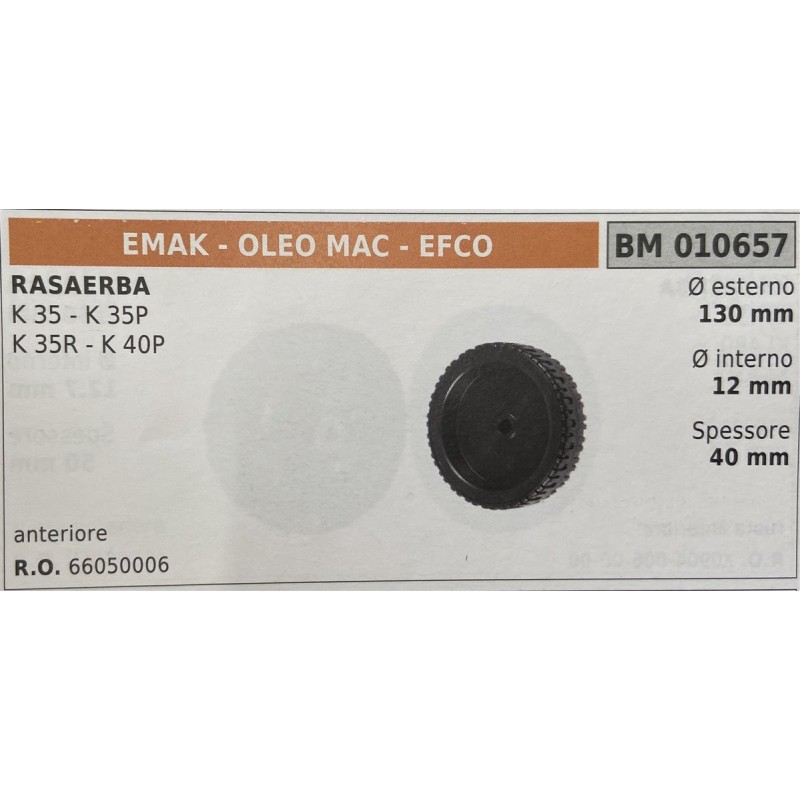 BRUMAR RUOTA RASAERBA EMAK  OLEO MAC  EFCO  RASAERBA K 35  K 35P K 35R  K 40P  anteriore Ø esterno 130 mm Ø interno 12 mm spess