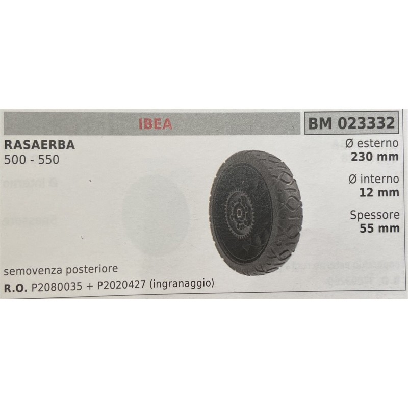 BRUMAR RUOTA RASAERBA IBEA  RASAERBA 500  550  semovenza posteriore Ø esterno 230 mm Ø interno 12 mm spessore 55 mm  RO P208003