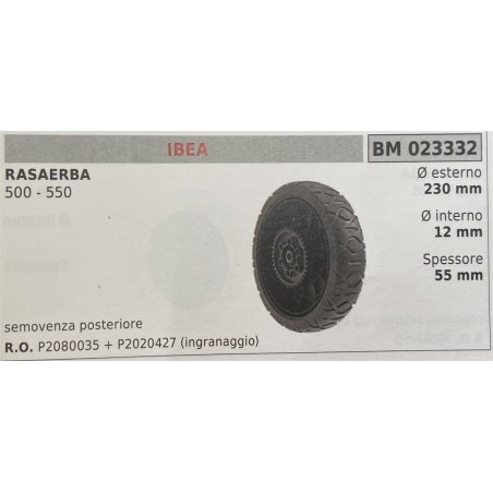 BRUMAR RUOTA RASAERBA IBEA  RASAERBA 500  550  semovenza posteriore Ø esterno 230 mm Ø interno 12 mm spessore 55 mm  RO P208003