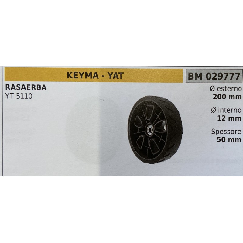 BRUMAR RUOTA RASAERBA KEYMA  YAT  RASAERBA YT 5110  Ø esterno 200 mm Ø interno 12 mm spessore  50 mm  RO