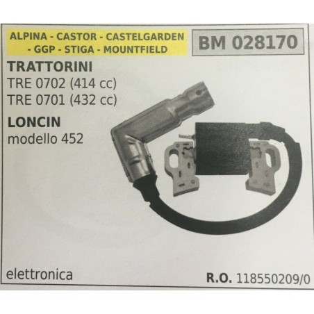 BOBINA BRUMAR ELETTRONICA ALPINA  CASTOR  CASTELGARDEN  GGP  STIGA  MOUNTFIELD TRATTORINI TRE 0702 (414 CC)  TRE 0701 (432 CC)